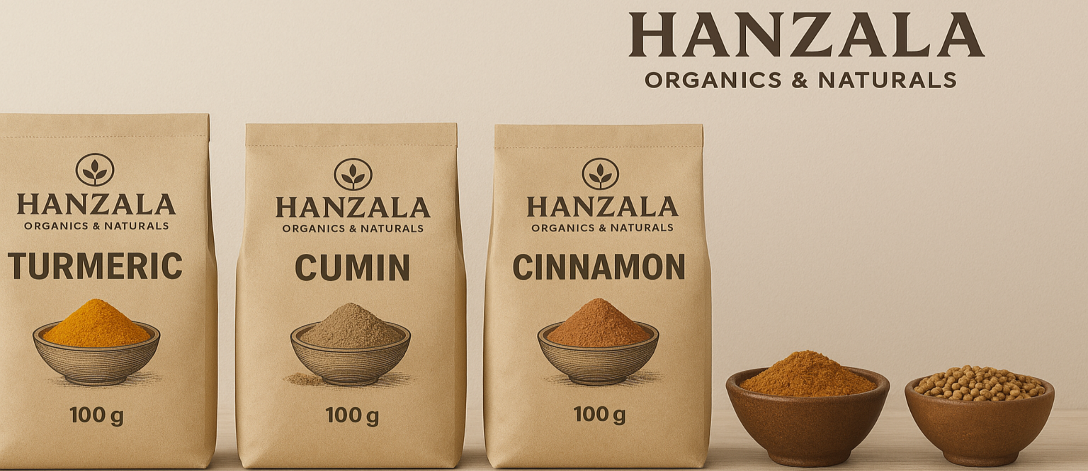 Hanzala Organics & Naturals packaging with turmeric, cumin, and cinnamon on a beige background