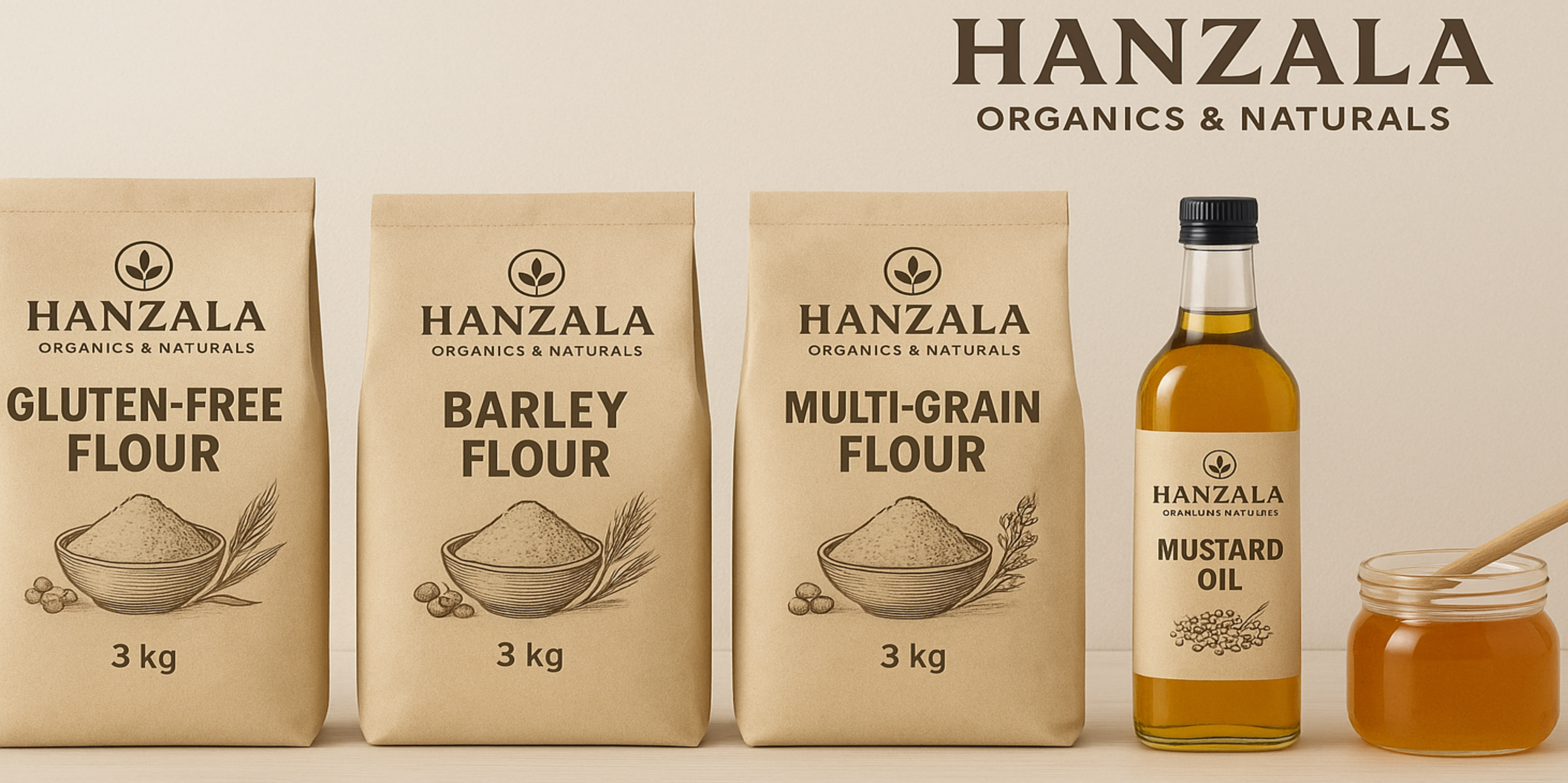 Hanzala Organics & Naturals products including flour bags and a bottle of mustard oil on a beige background.